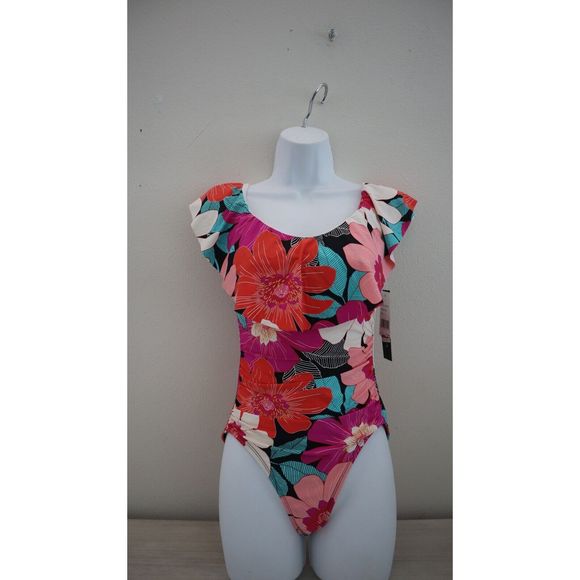 La Blanca LB2CJ11 Sz 4 Multi Floral Off-The-Shoulder Ruffled 1-Pc Swimsuit $135 - Picture 1 of 10